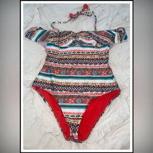 Becca Tapestry Off the
Shoulder One-Piece, Size L, Color Orange Multicolor